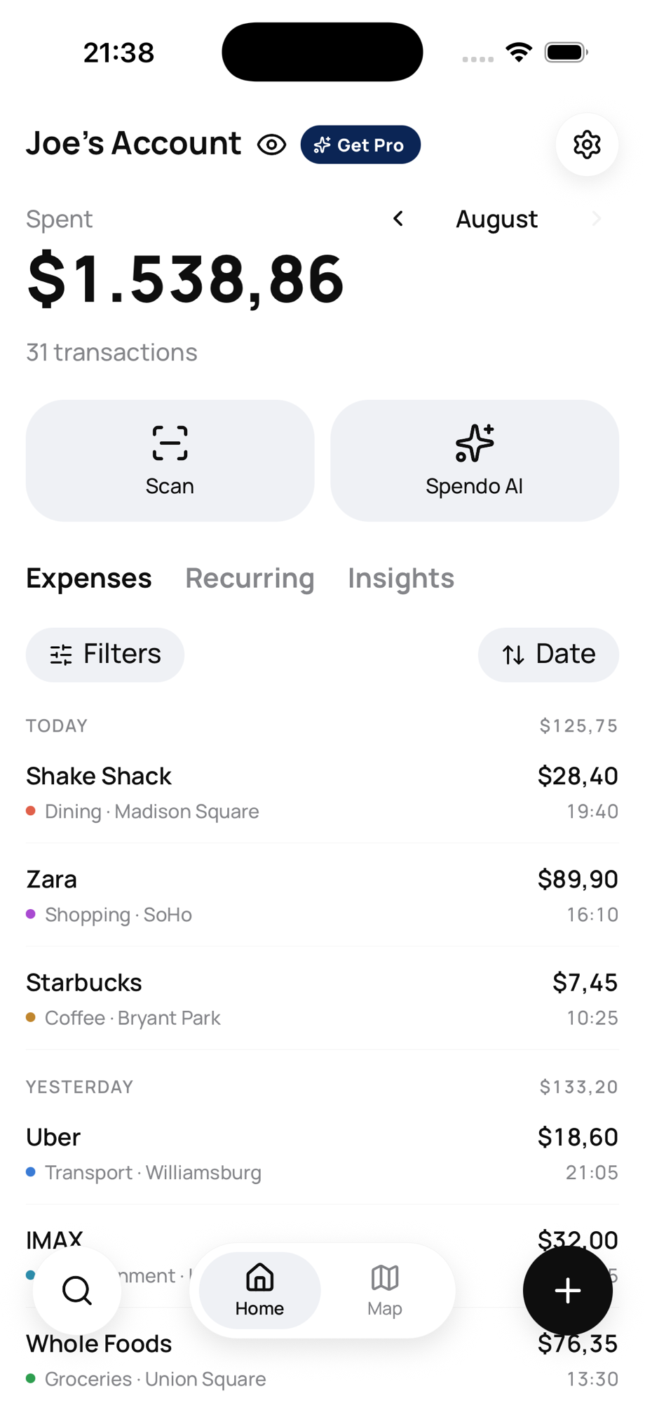 The Spendo home screen: the month’s total, transaction count and the expense list