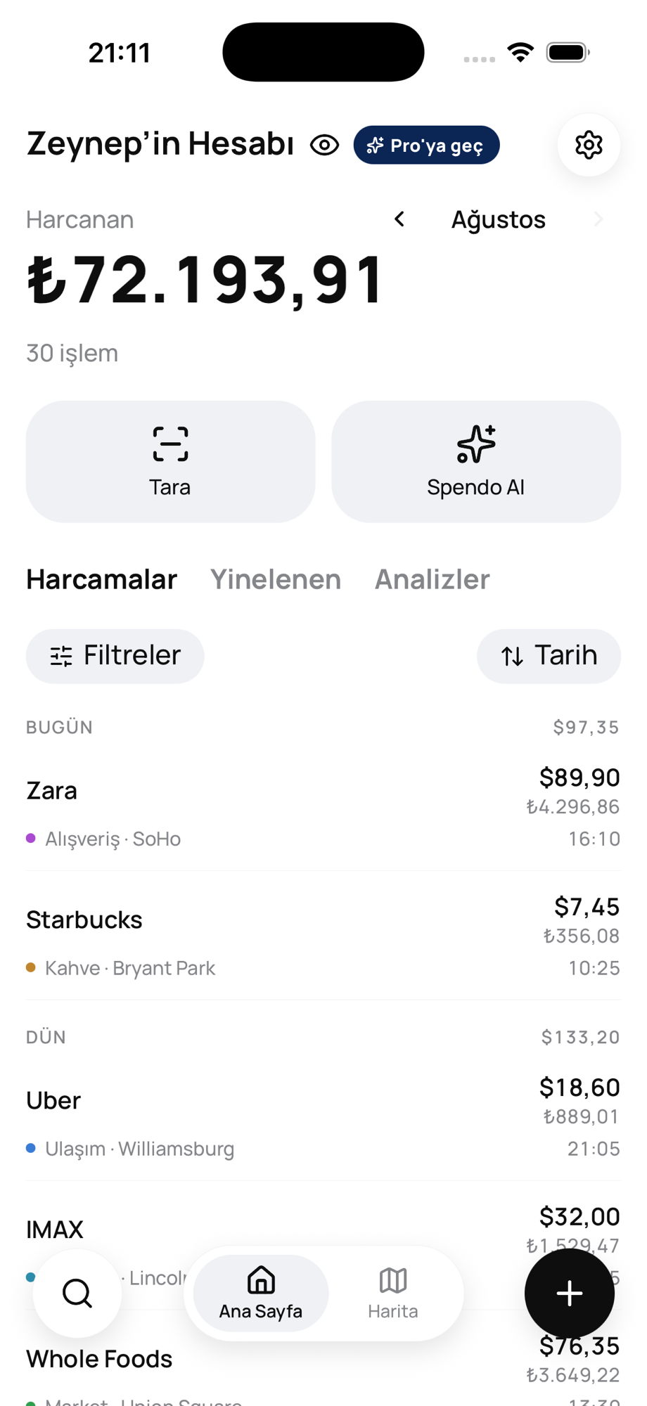 Spendo ana ekranı: ay toplamı, işlem sayısı ve harcama listesi